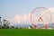 Ferris wheel on green field, mountains, palms and blue sky with light clouds in Batumi, Georgia