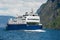 Ferry boat arrives to the port at the Aurlandsfjord in Flam, Norway.