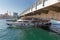 Ferry boat ship passes under the Galata Bridge