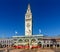 Ferry Building in Downtown San Francisco at Market Street view of Embarcadero. Located at Pier 1 with city hub for tram and muni