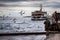 A ferry in Istanbul departing from port. Woman is standing near the water, watching and feeding the flying seagulls.