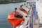 Ferry with lifeboats arriving in Newcastle harbor, England