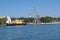 The ferry and the portal easel at the seaport mooring. Baltiysk, Kaliningrad region