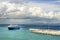 Ferry returning to port of Zakynthos island, under a dramatic sky.Greece .