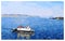 Ferry ship arriving at Scottish town of Wemyss Bay, a digital filter applied to photo, original photo and copyright