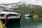 Ferry ship in Flam cruise sea port, Norway. Sognefjord mountain fjord