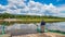 Ferry transports a timber truck across the Selenga river in the village of Ilyinka, Republic of Buryatia