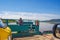 Ferry transports a timber truck across the Selenga river in the village of Ilyinka, Republic of Buryatia