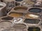 Fes, Morocco, Tannery aerial view Africa Old tanks of the Fez`s tanneries with color paint for leather