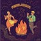 Festa Junina bonfire dance poster with cartoon Brazilian people dancing
