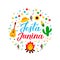 Festa Junina calligraphy lettering with flat clip art elements. Brazilian June Festival Festa de Sao Joao. Latin America holiday.