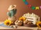Festa Junina party background with popcorn, peanuts and cactus decoration on wooden table. Brazilian summer harvest festival