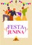 Festa junina with people dancing and white sign poster banner greeting card. June festival brazilian Party.  Junina Festival