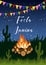 Festa junina poster with campfire, flags garland, grass, cactus and text on starry night background.