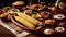 A Festa Junina table setup, showcasing a selection of typical treats such as corn on the cob. Brazilian food. Generative AI.