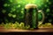 Festival drink beer. A mug of foamy green beer on a wooden table. Traditional hop flavor. St. Patrick\\\'s Day