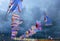 Festival flags waving against dramatic stormy sky