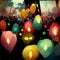 Festival time, city street at night. People walking at alley with lanterns during festival