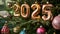 Festive 2025 New Year Celebration with Golden Balloons and Christmas Tree