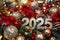 Festive 2025 numerals amidst Christmas decorations with warm golden tones