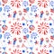 Festive 4th of July american seamless pattern with watercolor red, white and blue balloons, fireworks, stars on white background