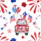 Festive 4th of July themed seamless pattern with hand painted red, white, blue elements. Fireworks, patriotic car, stars, balloons