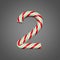 Festive alphabet number 2. Christmas font made of mint striped candy canes. 3D render on gray background.