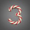 Festive alphabet number 3. Christmas font made of mint striped candy canes. 3D render on gray background.