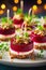 Festive appetizers from beetroot, cheese and multigrain bread on white plate