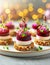 Festive appetizers from beetroot, cheese and multigrain bread on white plate