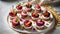 Festive appetizers from beetroot, cheese and multigrain bread on white plate