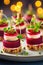 Festive appetizers from beetroot, cheese and multigrain bread on white plate