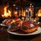 Festive assortment of food with a cozy fireplace backdrop