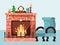 Festive atmosphere, Christmas winter mood by burning fire in fireplace, flat design vector illustration isolated on