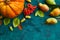 Festive autumn decor from pumpkins, pears, leaves, acorns