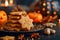 Festive Autumn Gingerbread Cookies with Pumpkin and Candle on Dark Background with Bokeh Lights