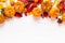 Festive autumn pumpkins decor with fall leaves, berries, nuts on white background. Thanksgiving day or halloween holiday, harvest