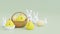 Festive background for Easter. easter basket with eggs white rabbits, yellow chicken