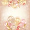 Festive background with realistic gold, red, pink air balloons, shining garlands, tinsel