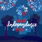 Festive background for USA Independence Day, Fourth of July, with fireworks under night city landscape, Flat vector illustration