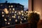Festive balcony decoration for Christmas and New Year. Close up of Christmas decoration balls and garland of lights in