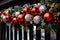 Festive balcony terrace decoration for Christmas and New Year. Close up of Christmas decoration balls and garland of