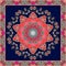 Festive bandana print with bright flower - mandala on dark blue background. Square carpet.