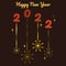 Festive banner Happy New Year, 2022 and decor of snowflakes on pendants, stars on dark background. Vector illustration for poster