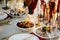 Festive banquet served table with salads