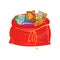 Festive beautiful, big New Year`s bag, with gifts, games, sweets.