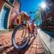 Festive Bicycle with Colorful Presents on Brick Sidewalk