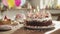 A festive birthday cake with candles , colorful balloons and confetti. Happy birthday card