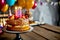 A festive birthday cake with candles , colorful balloons and confetti. Happy birthday card