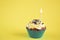 Festive birthday cupcake. Cake with a burning candle on a yellow background